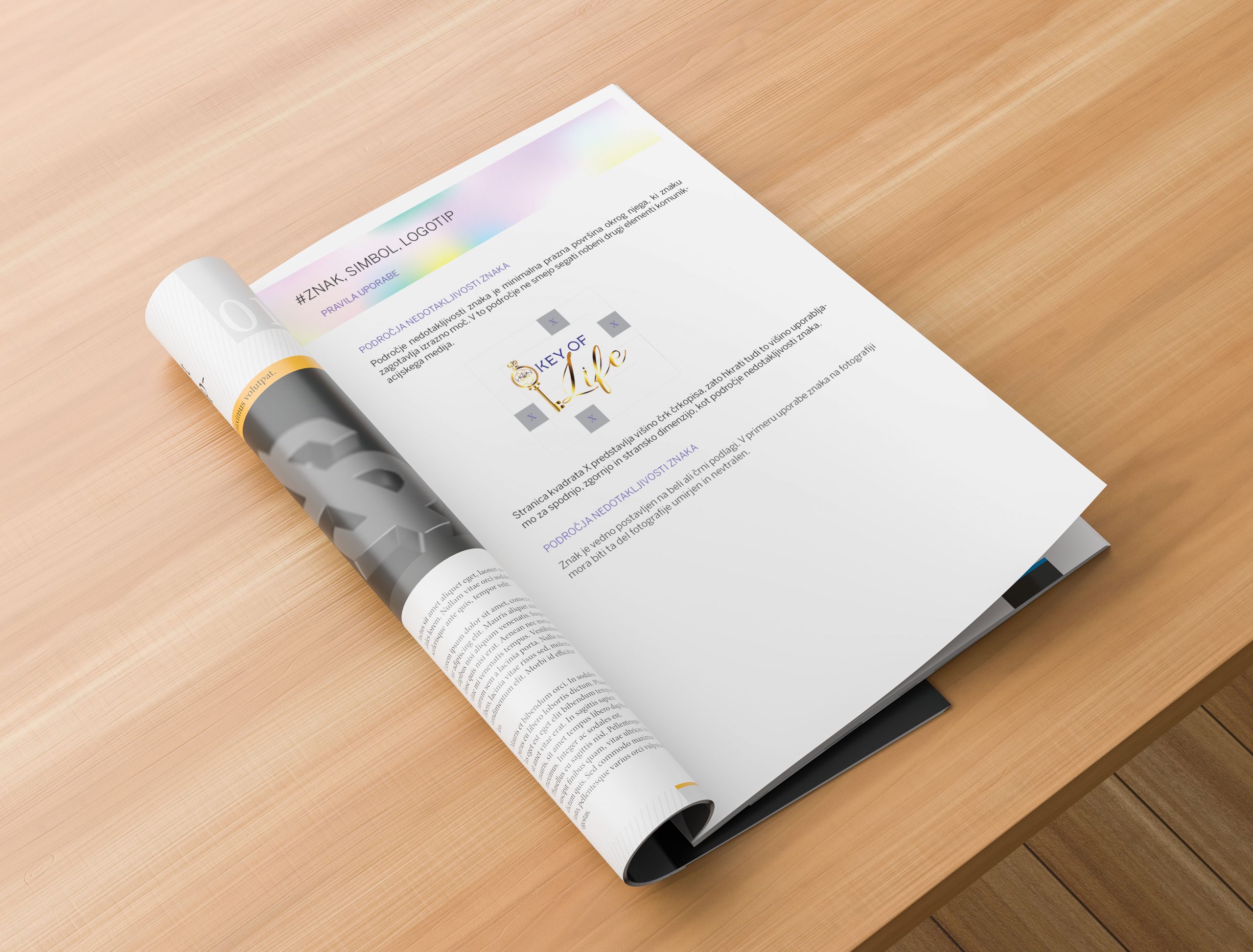 Realistic magazine or catalog mock up on wooden table. Blank magazine page for mockups. 3D illustration.